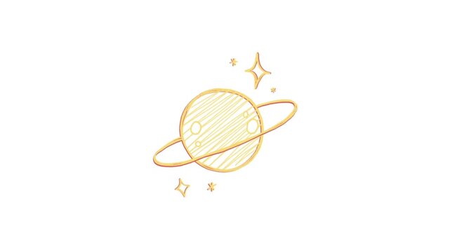 Golden hand-drawn doodle animation of a ringed planet and twinkling stars on a white background