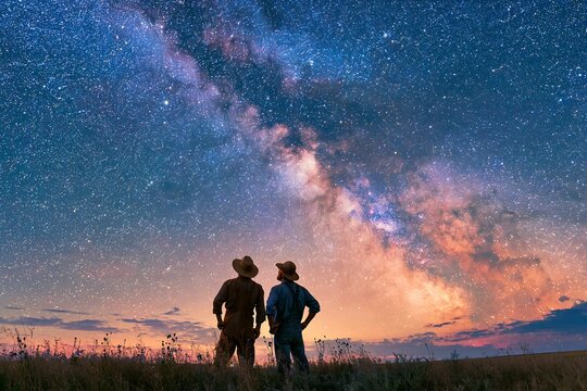 Back view of two people with hats stargazing and looking at a magnificent milky way galaxy in a vast field