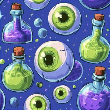 Colorful Halloween alchemy seamless pattern with green eyeballs and glass potion bottles on dark blue background