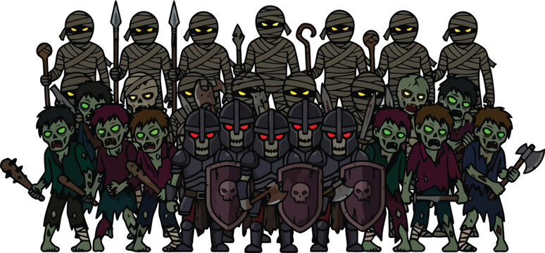 A large group of fantasy undead warriors and zombies standing together.