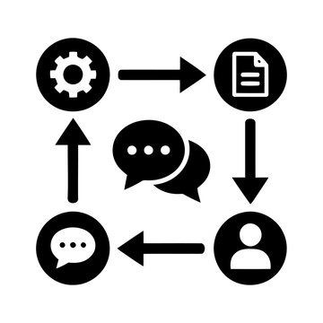 Business process workflow diagram with icons, gear, document, user, and communication symbols
