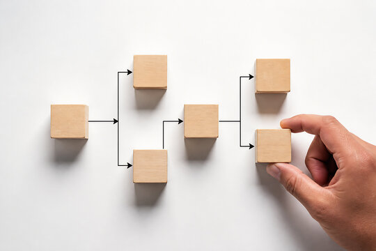 A diagram of connected wooden blocks on a white surface with a hand pointing to one block.