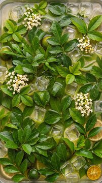 Overhead macro background of fresh curry leaves Murraya koenigii submerged in juice with ice, tiny white flowers, and citrus