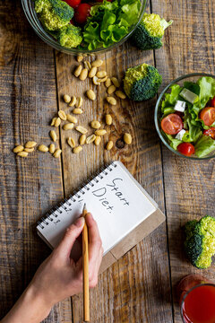 concept diet, slimming plan with vegetables top view mock up