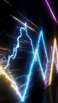 Abstract Neon Zig-Zag Lines in Motion - Dynamic abstract background featuring vibrant neon zig-zag lines in yellow and blue, creating a sense of energetic movement against a dark backdrop.