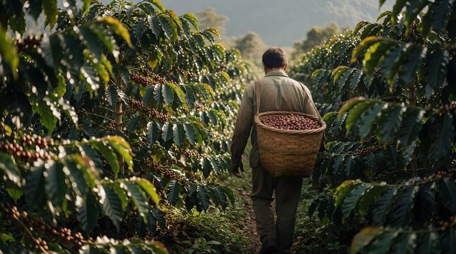 Coffee Farmer Carrying Freshly Harvested Cherries Through Plantation