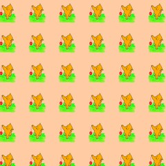Fototapeta premium Cute orange kitten playing with red ball of yarn seamless pattern background. Cute pet animal illustration for children wallpaper, fabric print, nursery art, and scrapbooking.