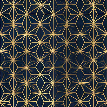 Contemporary asanoha seamless pattern with intricate gold geometric shapes on dark blue background creating elegant design