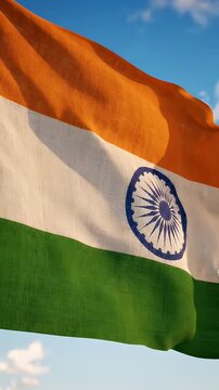 Indian National Flag Waving Against Blue Sky - A close-up shot of the Indian flag, with its saffron, white, and green stripes billowing in the wind against a clear blue sky with wispy clouds.