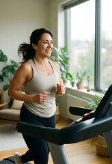 Fototapeta premium Healthy lifestyle and fitness, happy woman running on a treadmill at home for cardiovascular exercise and weight loss in a bright modern living room