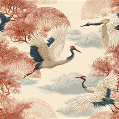 Naklejka premium Contemporary Japanese seamless pattern with flying cranes, red trees, and decorative fans creating serene and elegant