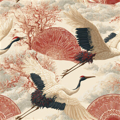 Naklejka premium Contemporary Japanese seamless pattern with flying cranes, red fans, and blossoming trees creating elegant and serene