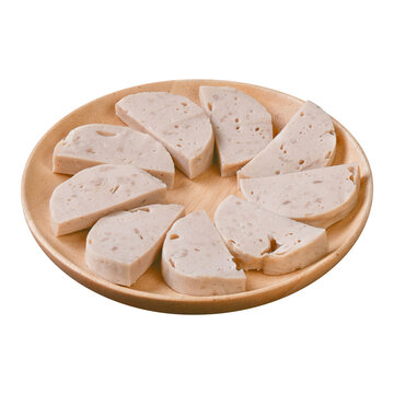 Slices of savory Vietnamese pork roll (Chả lụa) neatly arranged in a circle on a rustic round wooden plate. pork roll, sliced meat, cold cuts, traditional food, sliced sausage, asian food