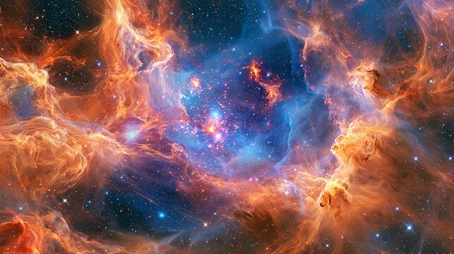 Vibrant cosmic nebula with fiery orange dust filaments surrounding a deep blue star cluster