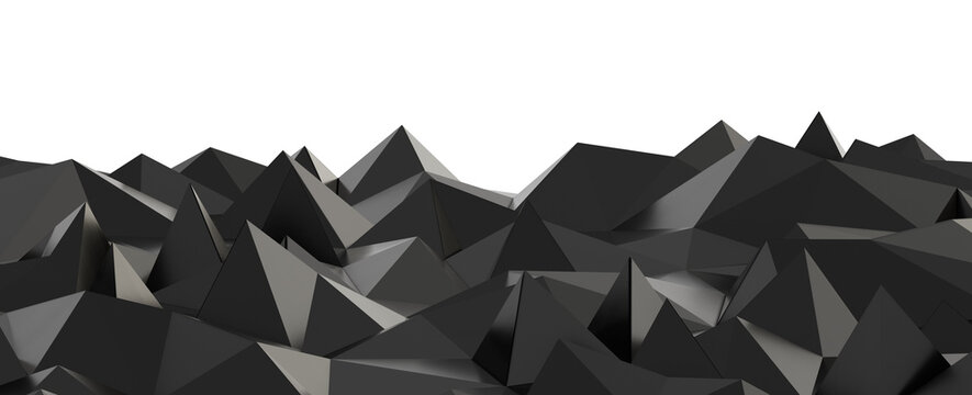 Abstract low poly dark grey geometric surface with sharp peaks on a black background. 3D render.