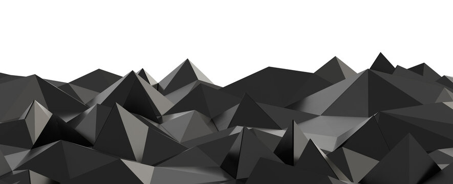 Modern 3D render of abstract dark geometric shapes, low poly mountains, and faceted surface on black