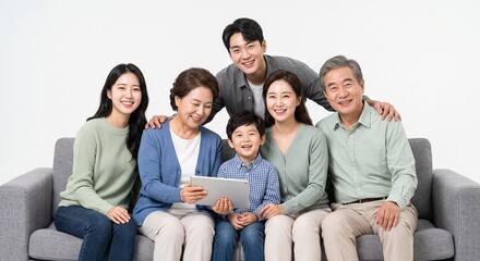 Fototapeta premium An Asian family of six people smiling on a living room sofa