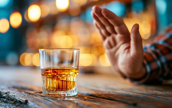 man hand gesturing stop to glass of liquor on bar counter