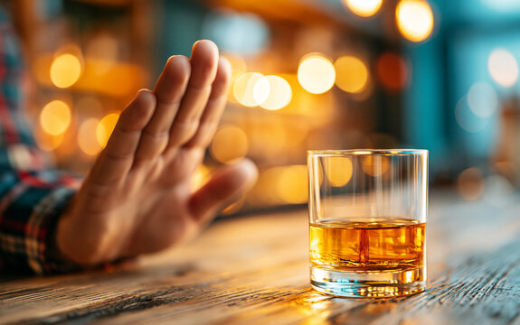 man hand gesturing stop to glass of liquor on bar counter
