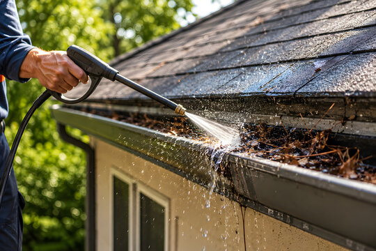 Professional worker using high pressure water sprayer to clean dirty house gutters on bright day