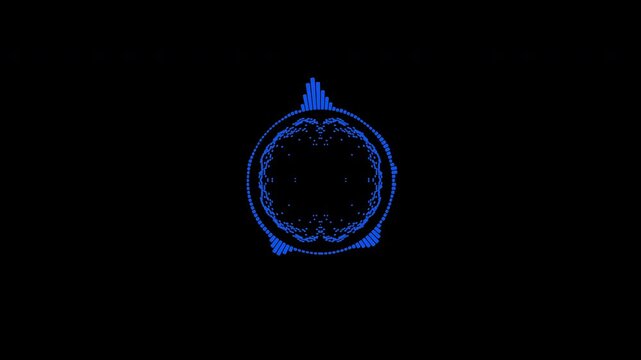 A graphic circular loop of rhythmic audio frequency sound waves in the background.