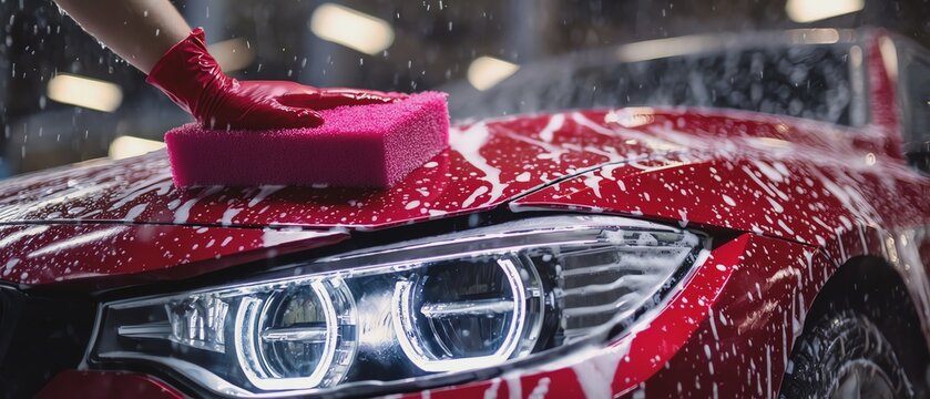 Car being washed with pink sponge and foam.