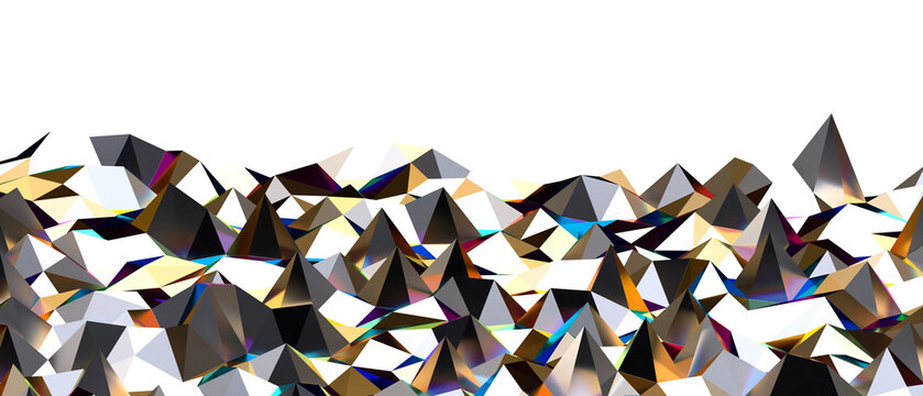 Modern abstract geometric landscape with sharp faceted crystal peaks, shimmering with light and colo