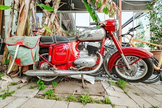 Alanya, Turkey &ndash; april 16, 2025: old JAWA red motorcycle