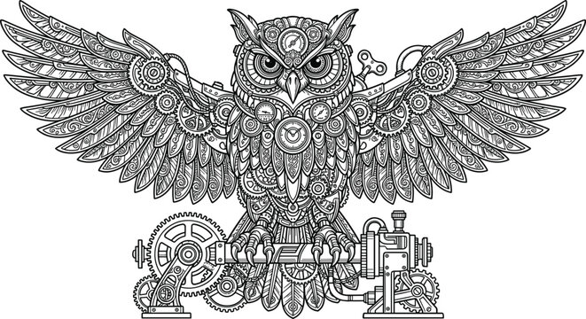 Steampunk mechanical owl vector illustration with open wings cogs gears clockwork mechanism coloring page design