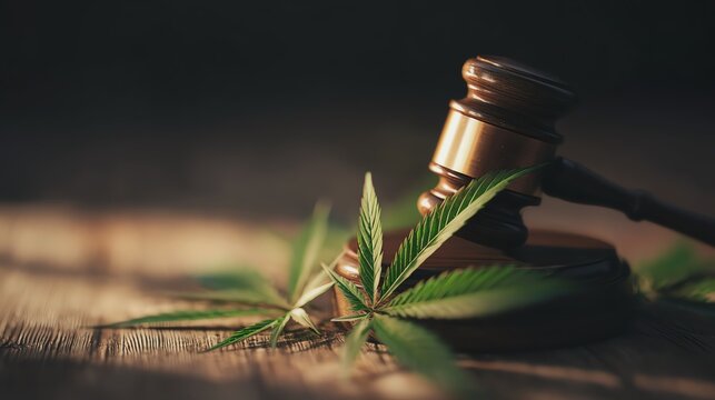 Gavel with cannabis leaf on wooden table.