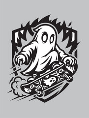 Obraz premium Duch na Deskorolce z Ogniem Halloweenowy Mroczny Czarno-Biała Ilustracja Wektorowa