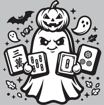 Duch z Kartami Mahjong Gra Planszowa Azjatycka Halloweenowa Ilustracja Wektorowa