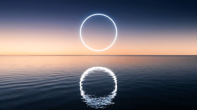 Glowing neon rings reflecting on dark ocean surface at dusk