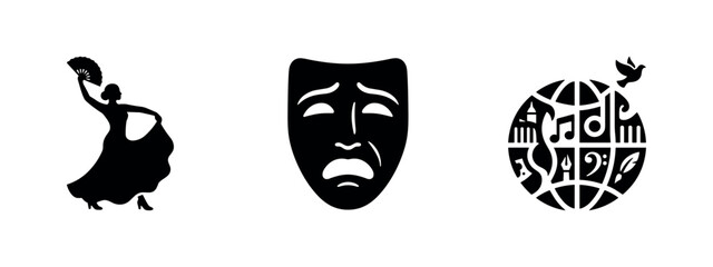Fototapeta premium Performing Arts and Diverse Global Culture Icons Set - Dancer, Tragedy Mask, World Peace