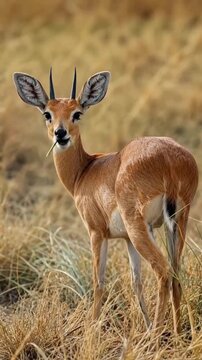 impala in the savannah A slender steenbok antelope with large ears and small pointed horns stands in dry golden grass while curiously looking back with a blade of grass
