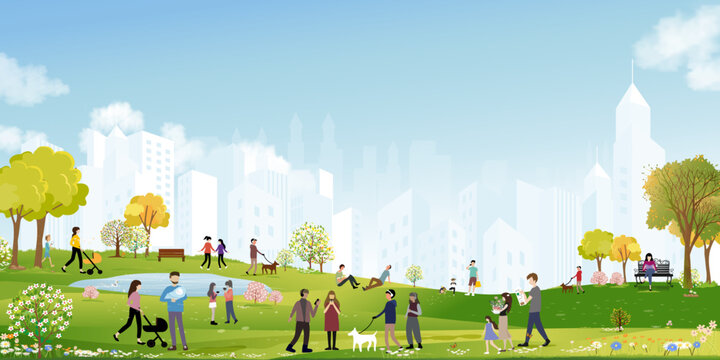 Sky Blue, Cloud Background on Spring Landscape City Park,Grass Field,City Life of People Families Enjoying Outdoor Activities In Flower Garden,Vector Illustration Business Buildings Skyline background