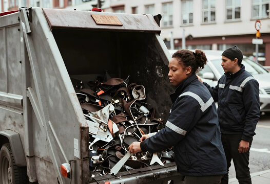Waste management and recycling, sanitation workers collecting discarded leather goods and industrial scrap in a city street garbage truck for disposal