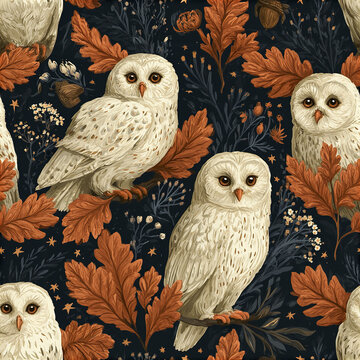 Cozy woodland owl seamless pattern with charming cream owls and autumn leaves on dark background creating warm mood