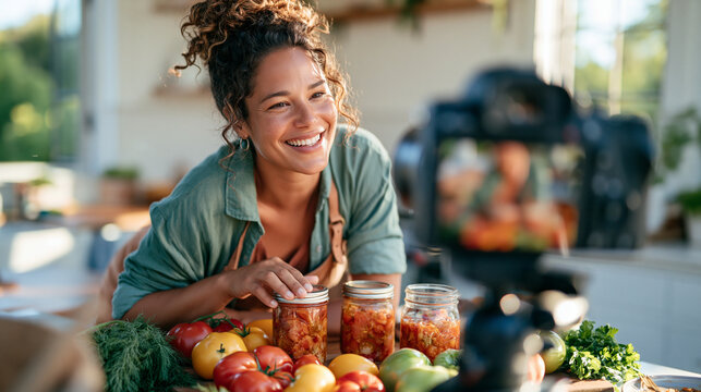 Realistic commercial stock photography of a 37 year old woman filming a homemade tomato canning tutorial in a simple bright kitchen, professional camera on a tripod visible in the