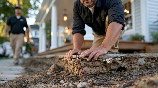 Close three-quarter inspection of a sealed corner where a foundation wall meets a pipe entry point, late afternoon daylight, the condition detail filling a focused part of the fram