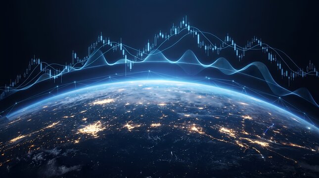 Worldwide stock market trading analytics showing financial growth chart over planet earth from space