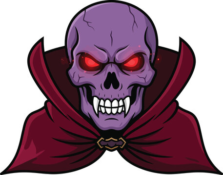 A menacing purple vampire skull with glowing red eyes and a dark red cape.