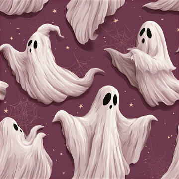 Cute ghost parade seamless pattern with happy white phantoms on purple background with spider web and stars