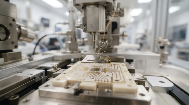 Semiconductor bonding equipment aligning chip die over substrate with gold wire loops, ceramic fixture, and cleanroom reflections