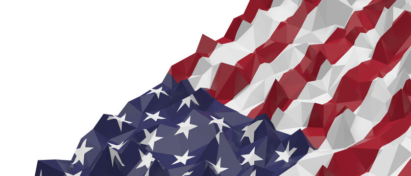 Geometric abstract low poly American flag waving design with stars and stripes.