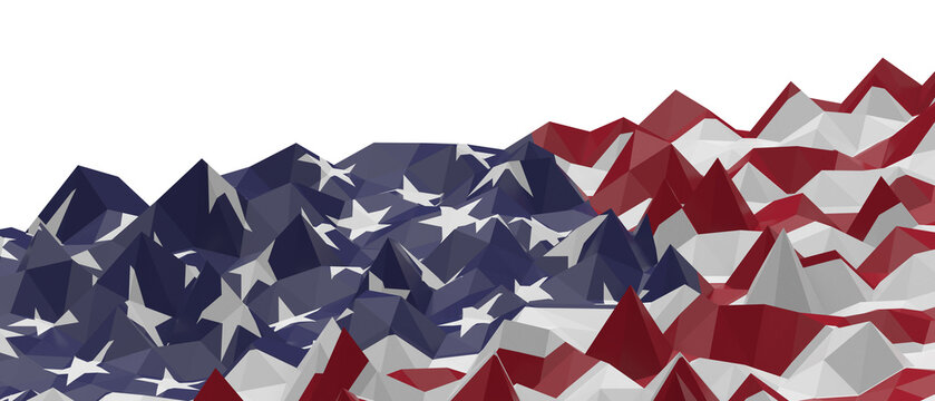 Geometric abstract landscape design featuring the American flag colors and stars.