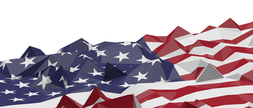 Abstract landscape art in low poly style depicting US flag colors and stars.