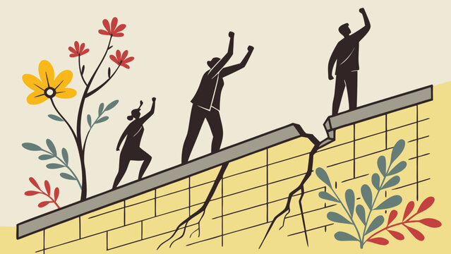 Silhouettes of people celebrating atop broken concrete wall with growing flowers fall of Berlin wall freedom unity concept editorial style vector illustration