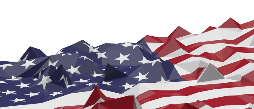 Abstract 3D rendered geometric landscape with American flag pattern and mountains.