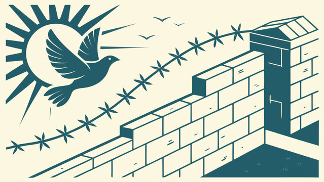 Peace dove flying over stone wall with barbed wire towards bright rising sun fall of Berlin wall freedom peace concept editorial style vector illustration